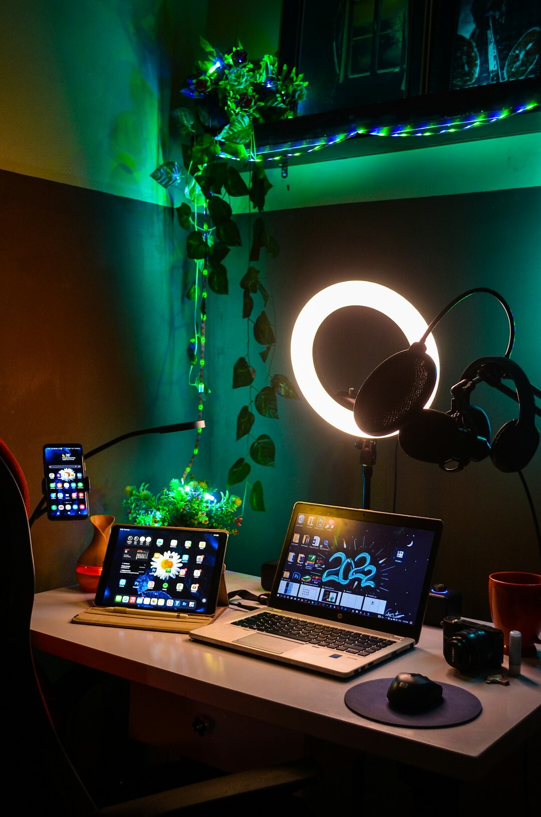 Home streaming setup with camera, ring light and capture card