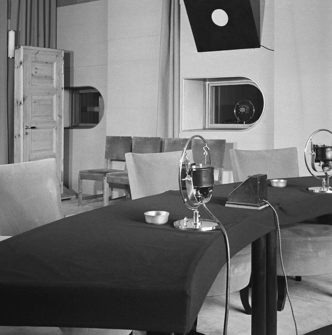 Television studio set with professional broadcast cameras